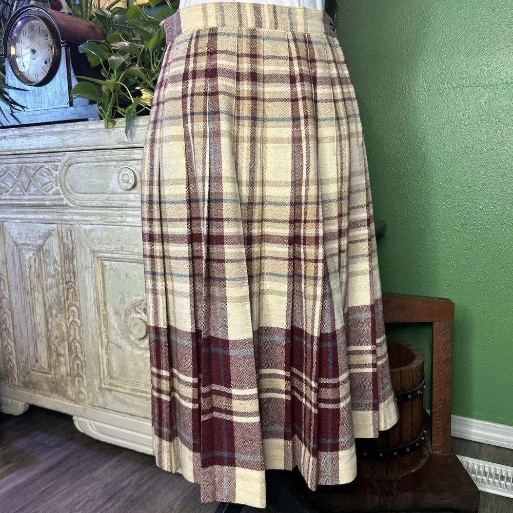 Vtg Wool Blend Pleated Midi Cream Plaid Skirt Union Made 11/12 Academia